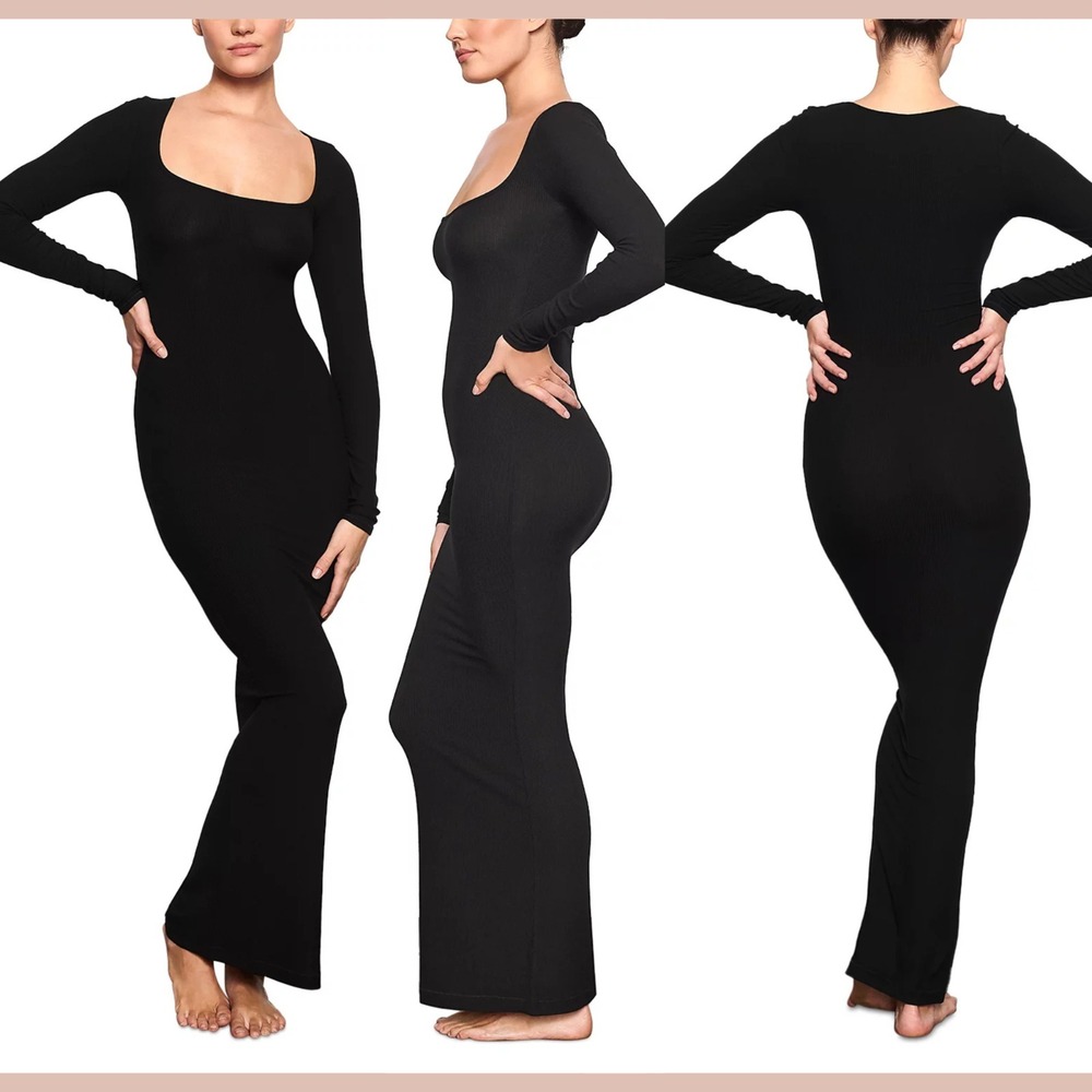 NWT $90 SKIMS [ XL ] Ribbed Soft Lounge Long Sleeve Dress in Onyx Black‎ #U1608